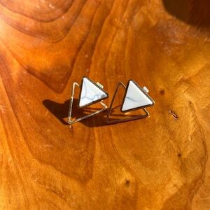 Gold Triangle Stud Earrings with White Marble Inlay